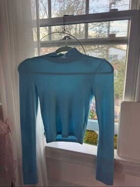 American Eagle light Blue Ribbed Mock Neck Long-Sleeve Top